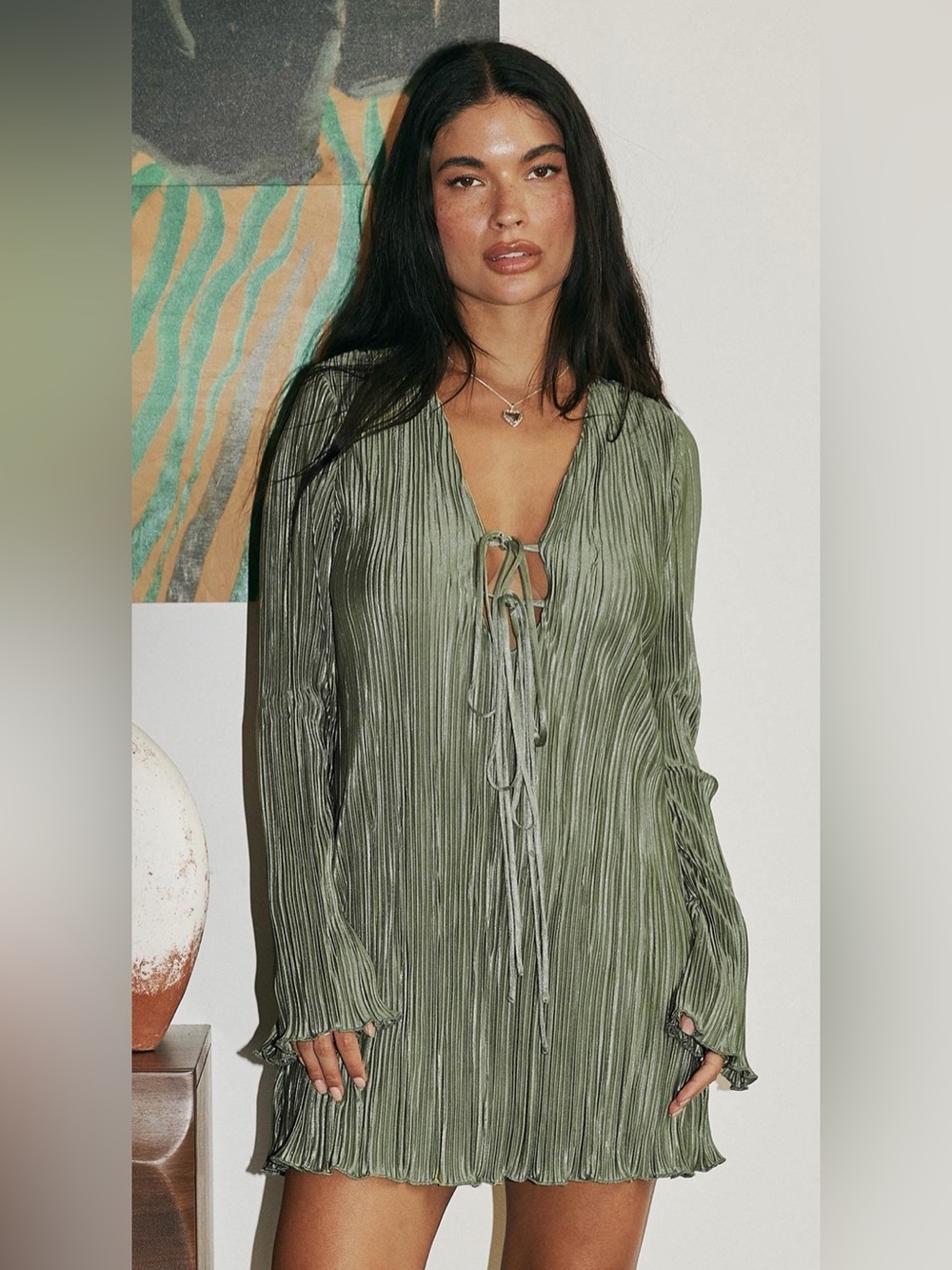 Malop Long Sleeve Mini Dress Sage - Size 2 - Picture 3 of 11